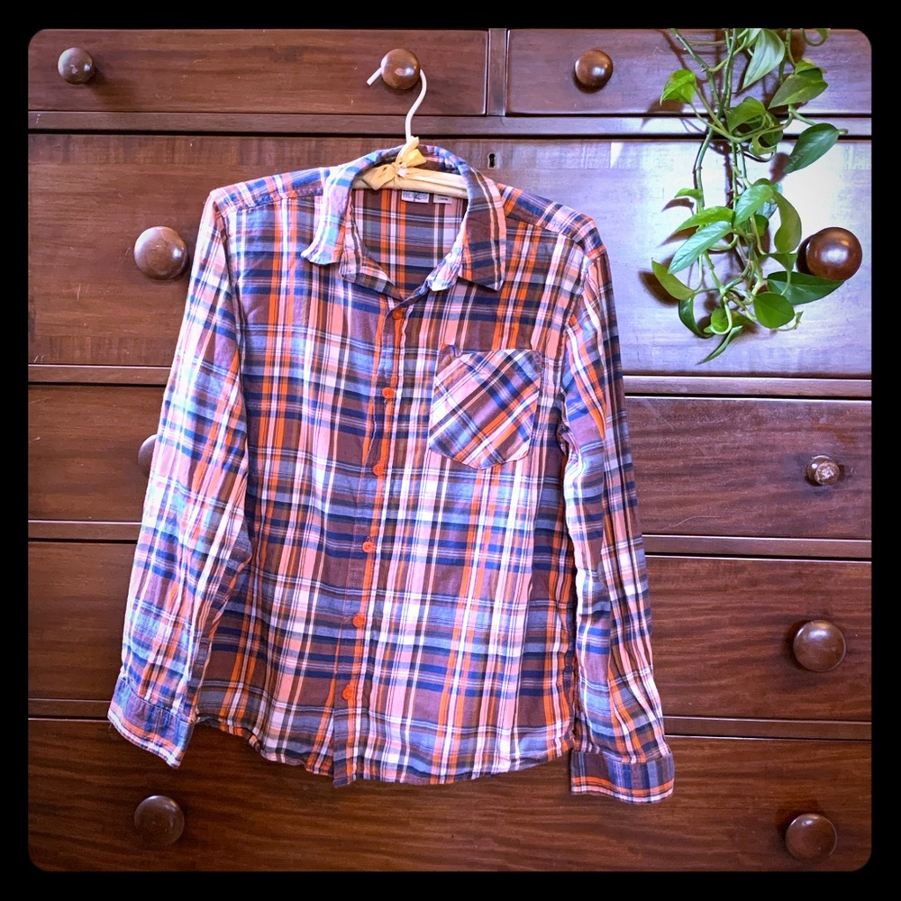 🌻3 for $15🌻 orange & blue plaid shirt